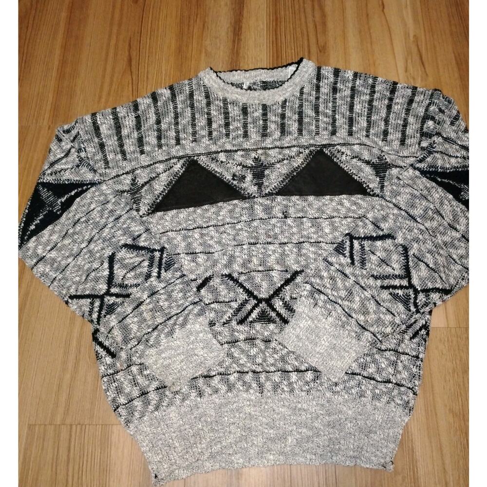 vintage pullover Cosby style or grandpa style Long Sleeve Geometric Patern M 80'